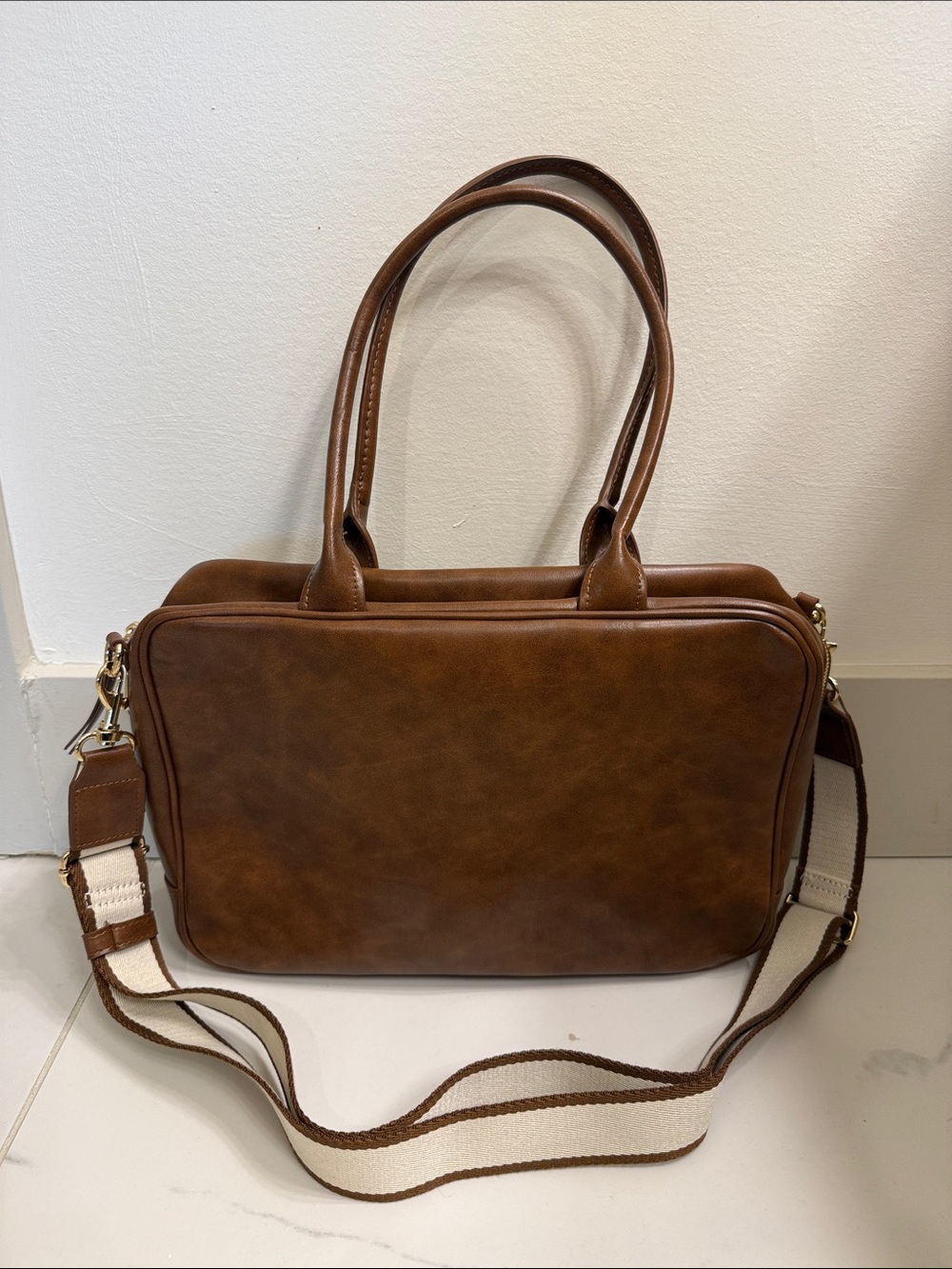 Universal Thread Brown Leather Satchel with Contrast Canvas Strap